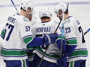 Vancouver Canucks forward Bo Horvat celebrates a second period goal against the Edmonton Oilers at Rogers Place.