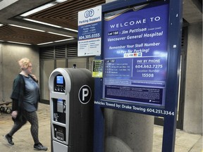 Hospital parking at Vancouver General Hospital last year. It should always be free to park at or near hospitals where people attend for tests and appointments, writes Marilyn Davies.