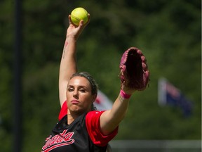 Team Canada's Danielle Lawrie practises at Softball City in Surrey on July 17, 2018.
