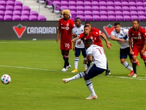Whitecaps forward Cristian Dajome connects on a penalty kick against Toronto FC last month, one of two such set-piece goals he has scored so far this MLS season.