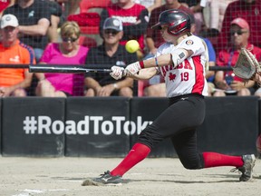 Canada's Emma Entzminger fouls off a pitch against Mexico in a WBSC softball America's qualifier for the Tokyo Olympics, at Softball City in Surrey on Aug. 31, 2019.