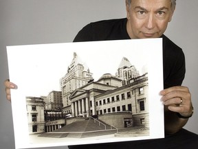 Former Vancouver Sun and Province writer Lee Bacchus in 2005 with a photo he had taken of the Vancouver Art Gallery.