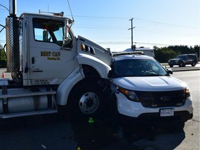 RCMP Const. Shawn Steinlauf was on duty and driving a marked police SUV when he turned left from Westminster Highway onto Jacombs Road and was hit by a large tractor-trailer being driven by Pawandeep Deol on Sept. 14, 2017.