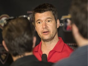 Vancouver Giants coach Michael Dyck speaks with the media in 2019.