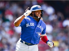 Vladimir Guerrero Jr. of the Toronto Blue Jays celebrates after hitting a two-run home run in the seventh inning against the Boston Red Sox at Fenway Park on June 13, 2021 in Boston, Massachusetts.