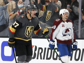 Max Pacioretty of the Vegas Golden Knights skates by Samuel Girard of the Colorado Avalanche as Vegas got back in the series with two third-period goals at T-Mobile Arena June 4, 202 in Las Vegas, Nevada.