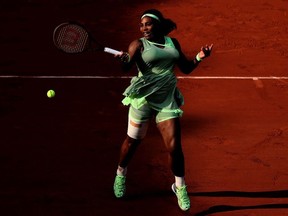 Serena Williams of USA plays a forehand during her Women's Singles fourth round match against Elena Rybakina of Kazakhstan on day eight of the 2021 French Open at Roland Garros on June 06, 2021 in Paris, France.