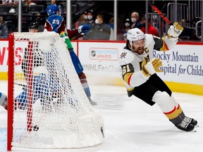 Mark Stone of the Vegas Golden Knights celebrates after scoring against the Colorado Avalanche during overtime in Game Five of the Second Round of the 2021 Stanley Cup Playoffs at Ball Arena on June 8, 2021 in Denver, Colorado.