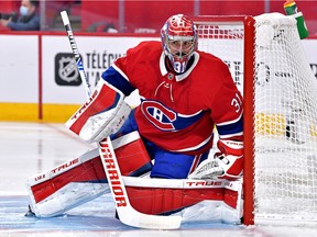 Carey Price of the Montreal Canadiens tends net against the Vegas Golden Knights during the first period in Game Four of the Stanley Cup Semifinals of the 2021 Stanley Cup Playoffs at Bell Centre on June 20, 2021 in Montreal, Quebec.