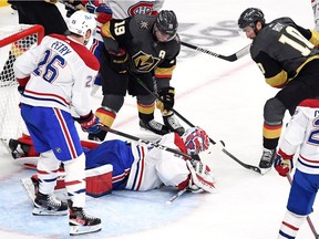 Carey Price #31 of the Montreal Canadiens makes the save against Reilly Smith #19 of the Vegas Golden Knights during the third period in Game Five of the Stanley Cup Semifinals of the 2021 Stanley Cup Playoffs at T-Mobile Arena on June 22, 2021 in Las Vegas, Nevada.