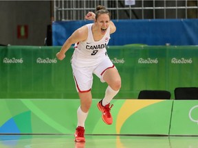 Kim Gaucher #8 of Canada reacts after scoring against Serbia during the women's basketball game on Day 3 of the Rio 2016 Olympic Games at the Youth Arena on August 8, 2016 in Rio de Janeiro, Brazil.