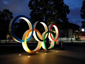 The Olympic Rings monument is seen outside the Japan Olympic Committee (JOC) headquarters near the National Stadium, the main stadium for the 2020 Tokyo Olympic Games, in Tokyo, Japan on June 23, 2021.