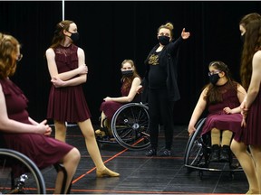 Dance Collective's artistic director Jodi Simpson-Liburdi instructs the Wheels in Motion class during a dress rehearsal a few weeks before their recital. Photo taken in Saskatoon on April 15, 2021.