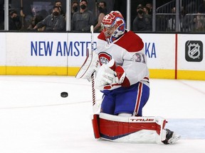 Canadiens goalie Carey Price makes a save against the Golden Knights during the second period in Game 2 of the Stanley Cup Semifinals at T-Mobile Arena in Las Vegas, Wednesday, June 16, 2021.