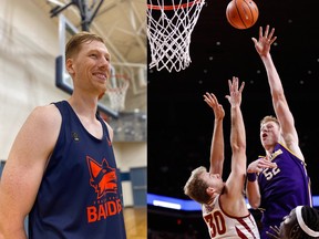 Brandon Gilbeck of the Western Illinois Leathernecks hits a shot over Hans Brase  of the Iowa State Cyclones during a 2017 game. Gilbeck has joined the Bandits for the 2021 season.