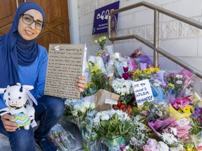 Hassna Moussa the London Islamic School secretary shows off some of the items they've received for 9-year-old Fayez Afzaal the sole survivor of London's worst ever mass murder that claimed the life of his older sister, parents and grandmother Sunday night. Photograph taken on Thursday June 10, 2021. (Mike Hensen/The London Free Press)