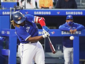 Blue Jays' Vladimir Guerrero Jr. hits a single during the fifth inning against the Miami Marlins at Sahlen Field on Tuesday, June 1, 2021 in Buffalo.