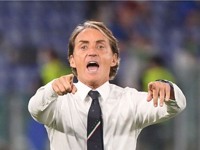 Italy's manager Roberto Mancini reacts during the UEFA EURO 2020 Group A match against Turkey at the Olympic Stadium in Rome on June 11, 2021.