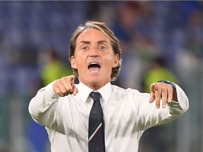 Italy's coach Roberto Mancini reacts during the UEFA EURO 2020 Group A football match between Turkey and Italy at the Olympic Stadium in Rome on June 11, 2021.