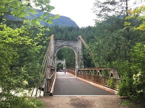The Alexandra Bridge was built across a narrow point in the Fraser River in 1926 for the Cariboo Highway. It replaced an 1863 bridge, which had been built for the Cariboo Waggon Trail during the gold rush. It is located 195 km east from Vancouver, near Spuzzum.