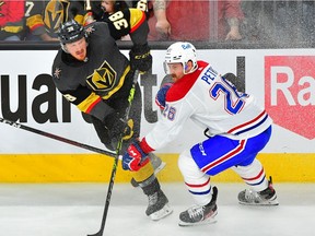 Vegas Golden Knights centre Patrick Brown shoots against Montreal Canadiens defenceman Jeff Petry during the second period of Game 2 at T-Mobile Arena on June 16, 2021, in Las Vegas.