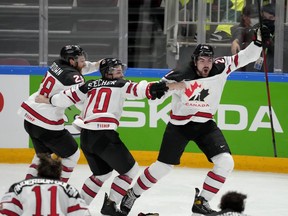 Canada's Nick Paul celebrates scoring their third goal and winning the IIHF World Ice Hockey Championship 2021 in Arena Riga, Riga, Latvia on Sunday.