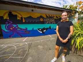 Charlene Johnny with her mural at Britannia elementary in East Vancouver. ‘I always knew that taking on and learning Coast Salish art on my own and with different mentors, that I would want to pass on my knowledge,’ she says.