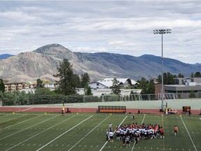 The B.C. Lions take to the field during 2019 training camp at Hillside Stadium in Kamloops.
