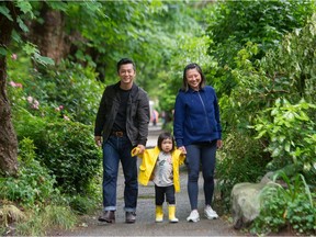Mom Kathy, dad Terry and toddler Maddy near their home in Vancouver, June 13, 2021. They're looking forward to the return of playdates under B.C.'s restart plan.