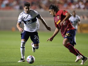 ‘The only thing you can really do is just keep going,’ says recently arrived Whitecaps striker Brian White (left, in action against Real Salt Lake). ‘Never give up, never doubt yourselves at all, and always believe that this is going to be the game that it’s going to turn around.’