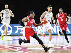 Canada’s Luguentz Dort heads up court during action against Greece on Tuesday at the FIBA Olympic Qualifying Tournament at Save-on-Foods Memorial Centre.