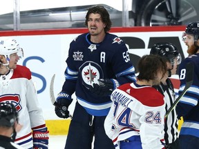 Winnipeg Jets centre Mark Scheifele disputes his penalty call in the third period of Game 1 of the North Division final against the Montreal Canadiens in Winnipeg on Wed., June 2, 2021. KEVIN KING/Winnipeg Sun/Postmedia Network