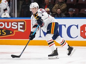 Brandt Clarke of the Barrie Colts plays the puck during an OHL game against the Oshawa Generals at the Tribute Communities Centre on Jan. 26, 2020 in Oshawa.
