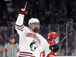 Aidan McDonough of the Northeastern Huskies celebrates after scoring during the 2020 Beanpot Tournament Championship game against the Boston University Terriers at the TD Garden on Feb. 10 in Boston.