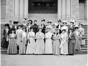 The Victoria and Vancouver Island Council of Women, pictured at the Parliament Buildings in 1895. Photo credit:   Royal BC Museum and Archives. For Stephen Hume Canada 150.  Daphne Bramham suffrage [PNG Merlin Archive]