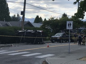 A collision between two trucks in Burnaby has closed Duthie Avenue near Montecito Drive on Wednesday afternoon.
