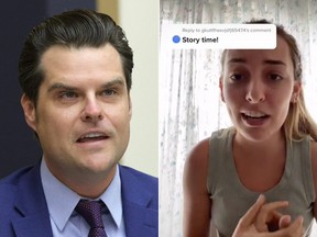 On the left, U.S. Rep. Matt Gaetz (R-FL) speaks during a hearing before the House Judiciary Committee on June 30, 2021 in Washington, DC. On the right, Roxanne Luckey in one of her TikToks on her future brother-in-law.