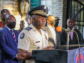Haiti's Police General Director Leon Charles speaks during a press conference in Port-au Prince on July 11, 2021.
