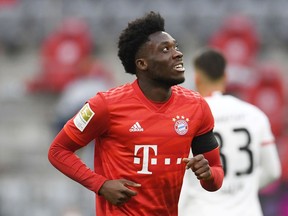 Alphonso Davies in action for Bayern Munich in a May 2020 German Bundesliga match in Munich.