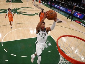 Milwaukee Bucks forward Giannis Antetokounmpo (34) drives to the basket against the Phoenix Suns during game four of the 2021 NBA Finals at Fiserv Forum.