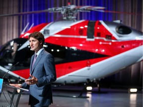 Prime Minister Justin Trudeau speaks at a news conference for the aerospace industry in Montreal