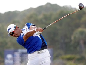 Hideki Matsuyama hits from the 16th tee during the third round of the PGA Championship golf tournament.