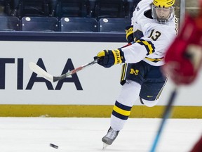 Michigan's Kent Johnson (13) shoots during an NCAA college Big Ten hockey tournament game against Ohio State, Sunday, March 14, 2021, at the Compton Family Ice Arena in South Bend, Ind.