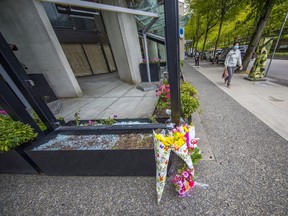 Memorial for the baby who was killed in the crash at the corner of Hornby and Smithe Streets.