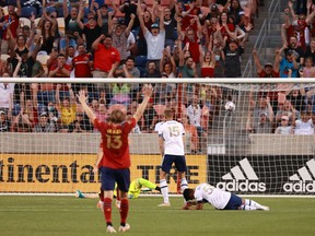 Real Salt Lake celebrates scoring against the Vancouver Whitecaps during their last meeting at Rio Tinto Stadium in Sandy, Utah, a 3-1 RSL victory.