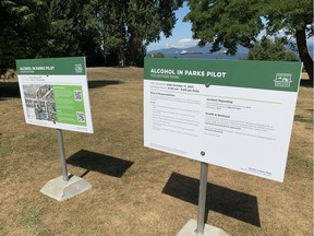 Alcohol in Parks Pilot signage was erected at Volunteer Park in Vancouver on July 21, 2021. [PNG Merlin Archive]