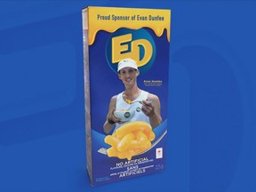 Limited Edition Kraft Dinner box features Canadian Olympic race walker Evan Dunfee. Dunfee won a bronze medal in the 50 km event at the 2020 Tokyo Olympics.