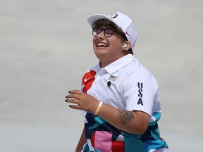 Alana Smith of Team United States reacts during the Women's Street Prelims at the Tokyo 2020 Olympic Games.