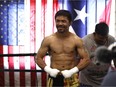 Manny Pacquiao poses for media at Wild Card Boxing Club on August 04, 2021 in Los Angeles.