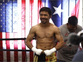 Manny Pacquiao poses for media at Wild Card Boxing Club on August 04, 2021 in Los Angeles.